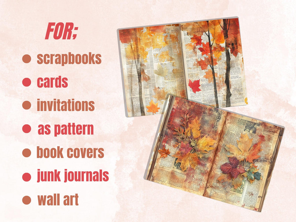 Fall Newspaper Mixed Media Paper, Autumn Forest Pages Ephemera Kit, Fall Textures Collage Scrapbook Paper, Printable Autumn Horizontal Pages