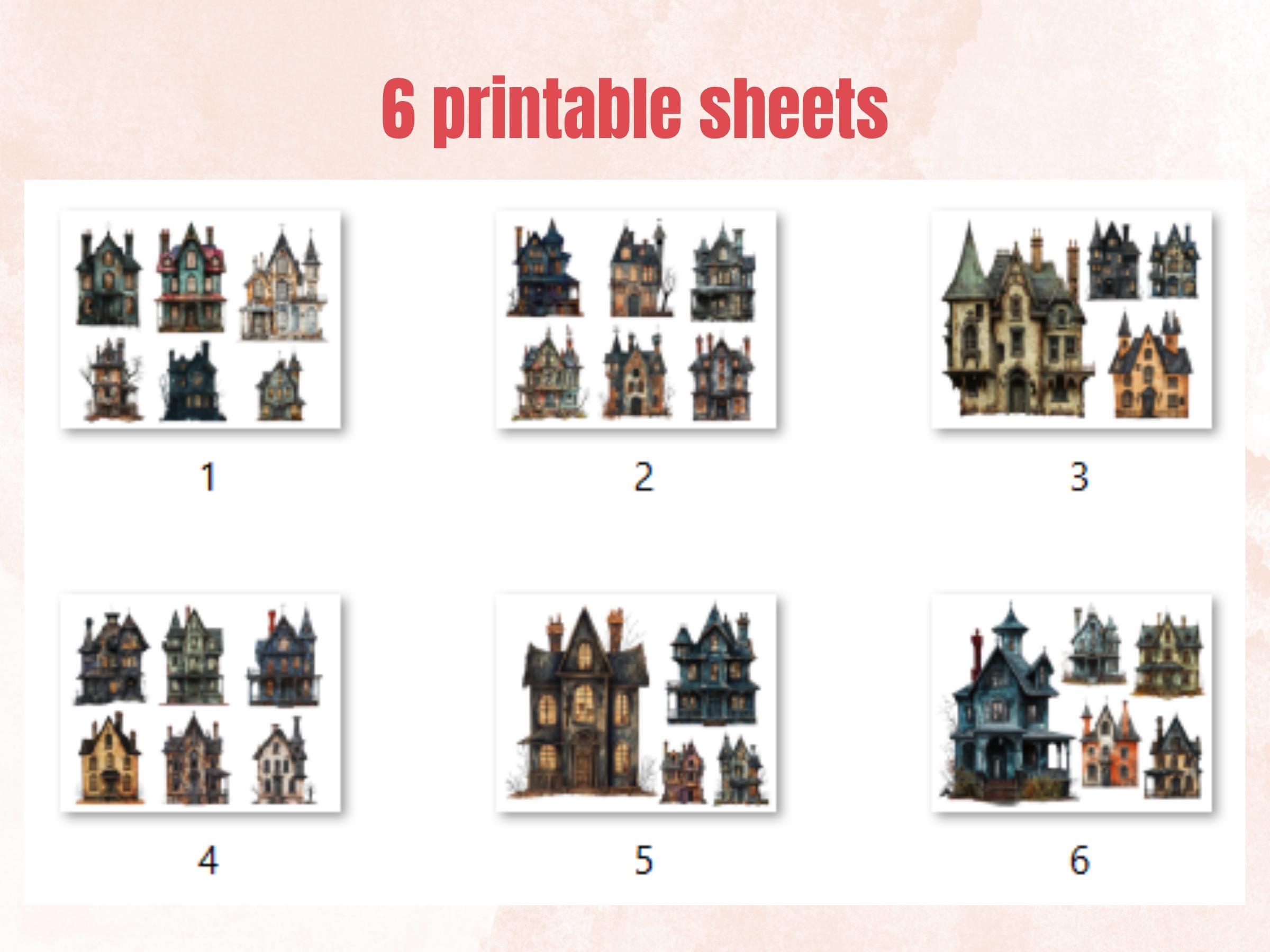 Haunted Mansion Mixed Media Clipart, Spooky Halloween Houses Fussy Cut Collage Sheet, Quirky Cut Out Ephemera, PNG + JPG for Scrapbooking