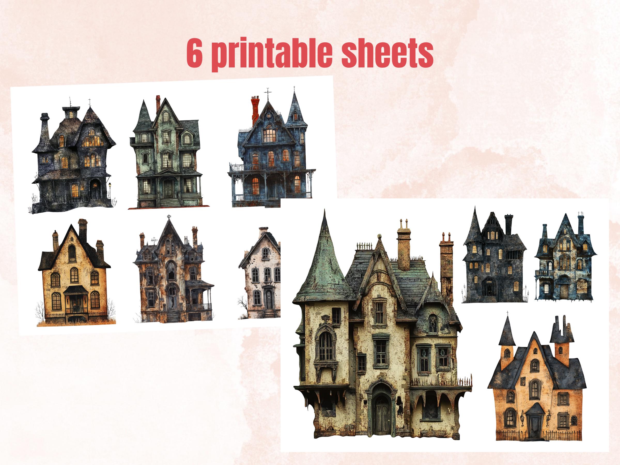 Haunted Mansion Mixed Media Clipart, Spooky Halloween Houses Fussy Cut Collage Sheet, Quirky Cut Out Ephemera, PNG + JPG for Scrapbooking