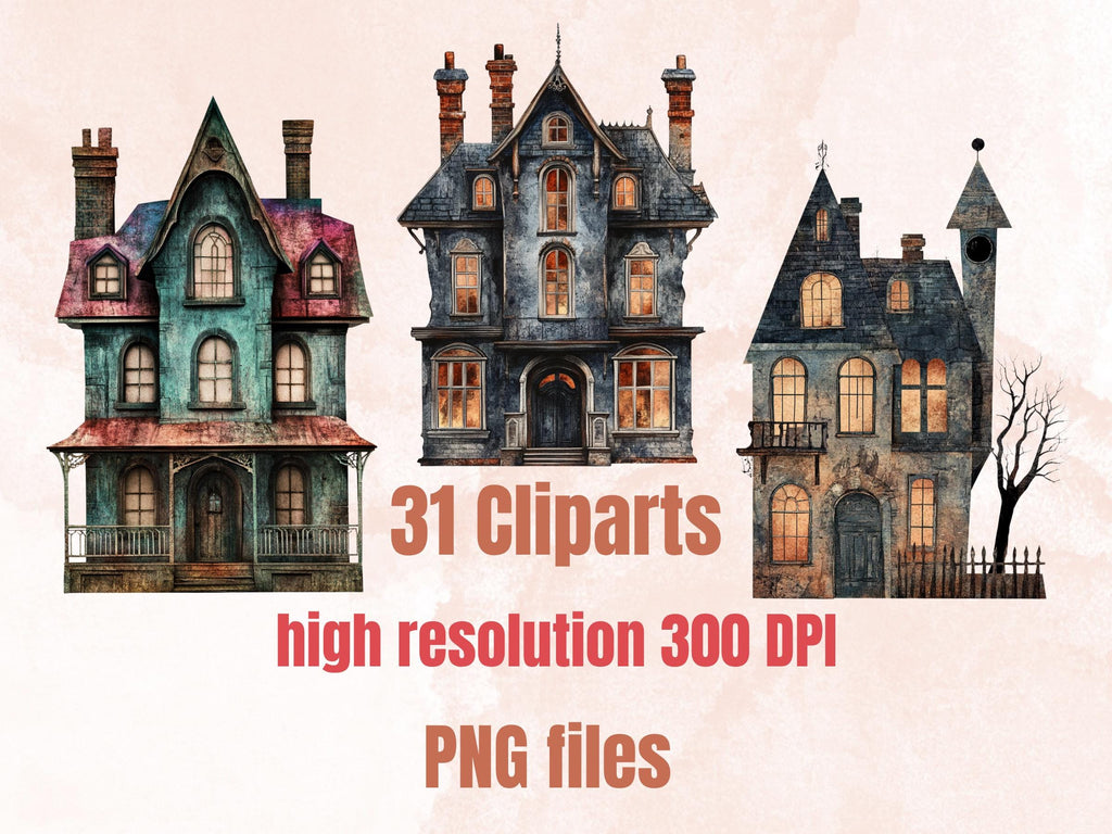 Haunted Mansion Mixed Media Clipart, Spooky Halloween Houses Fussy Cut Collage Sheet, Quirky Cut Out Ephemera, PNG + JPG for Scrapbooking