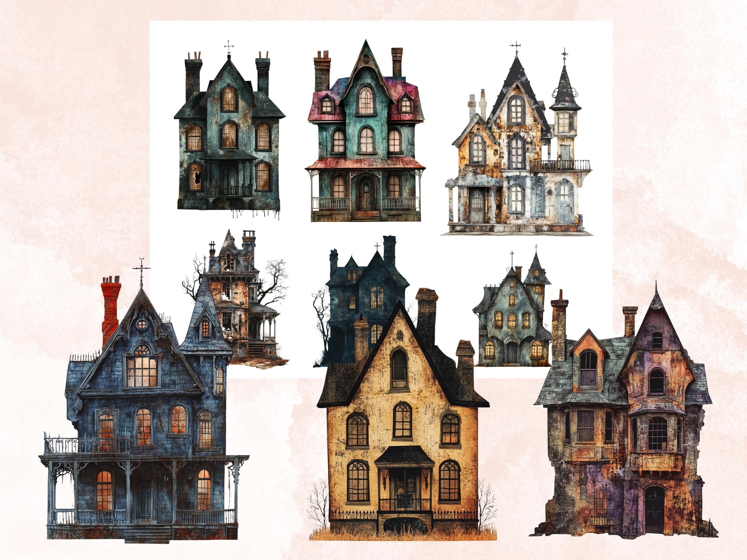 Haunted Mansion Mixed Media Clipart, Spooky Halloween Houses Fussy Cut Collage Sheet, Quirky Cut Out Ephemera, PNG + JPG for Scrapbooking