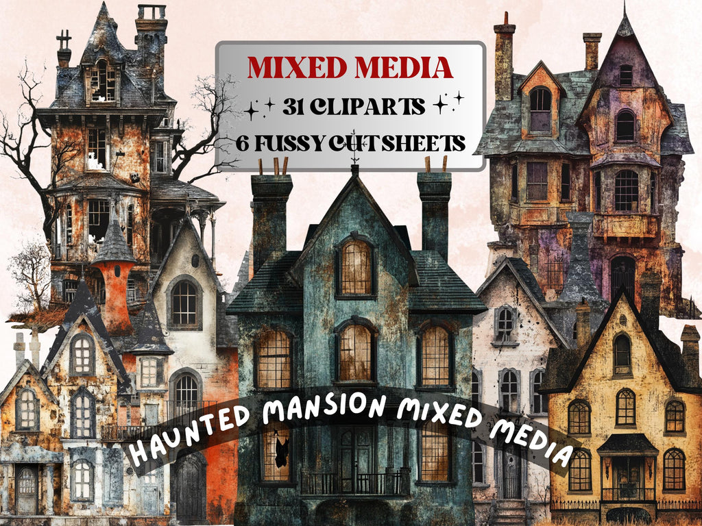Haunted Mansion Mixed Media Clipart, Spooky Halloween Houses Fussy Cut Collage Sheet, Quirky Cut Out Ephemera, PNG + JPG for Scrapbooking