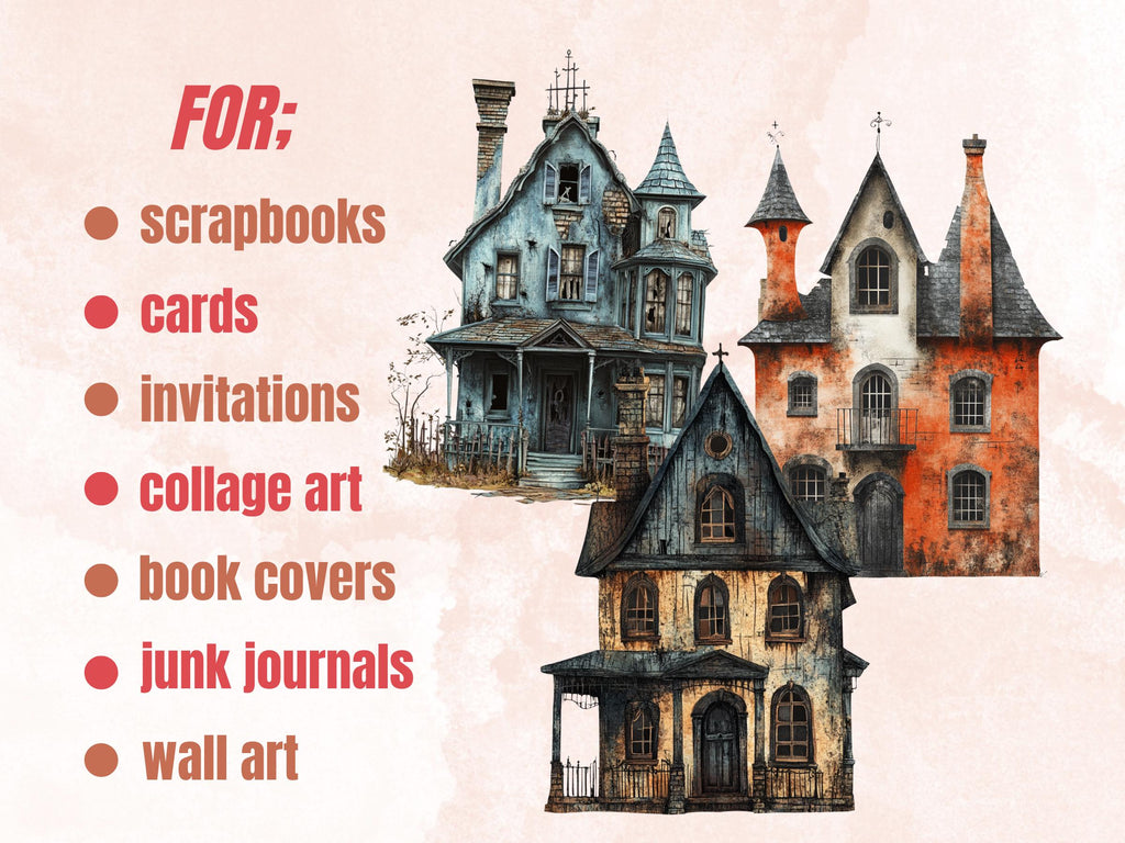Haunted Mansion Mixed Media Clipart, Spooky Halloween Houses Fussy Cut Collage Sheet, Quirky Cut Out Ephemera, PNG + JPG for Scrapbooking
