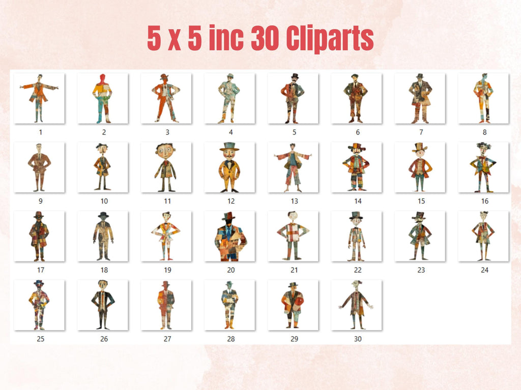 Quirky Retro Man Paper Doll Mixed Media Clipart, Whimsical Man Fussy Cut Collage Sheet, Quirky Cut Out Ephemera, PNG + JPG for Scrapbooking