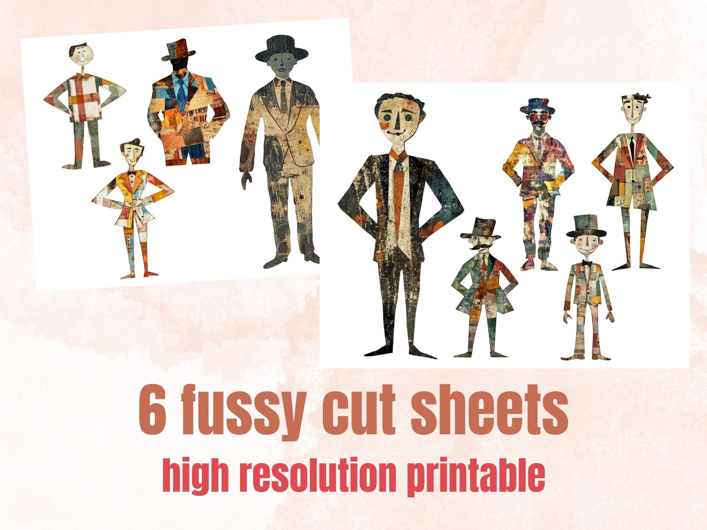 Quirky Retro Man Paper Doll Mixed Media Clipart, Whimsical Man Fussy Cut Collage Sheet, Quirky Cut Out Ephemera, PNG + JPG for Scrapbooking