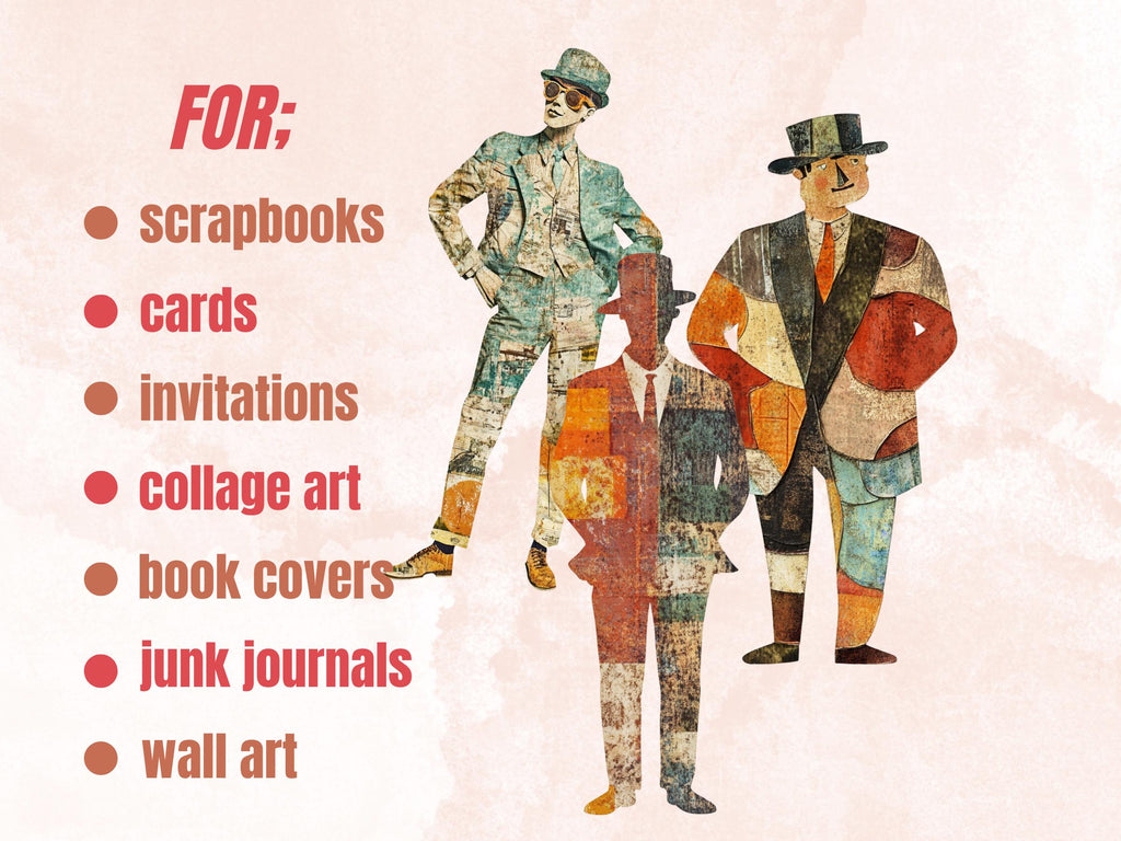Quirky Retro Man Paper Doll Mixed Media Clipart, Whimsical Man Fussy Cut Collage Sheet, Quirky Cut Out Ephemera, PNG + JPG for Scrapbooking