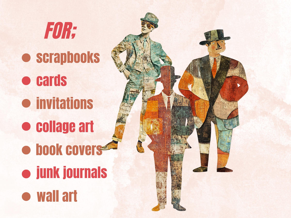 Quirky Retro Man Paper Doll Mixed Media Clipart, Whimsical Man Fussy Cut Collage Sheet, Quirky Cut Out Ephemera, PNG + JPG for Scrapbooking