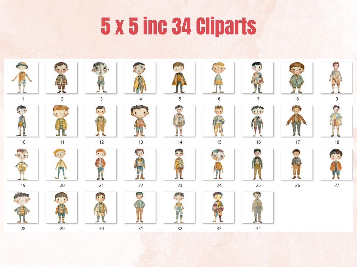Pastel Boys Paper Doll Mixed Media Clipart, Whimsical Cute Boy Fussy Cut Collage Sheet, Quirky Cut Out Ephemera, PNG + JPG for Scrapbooking