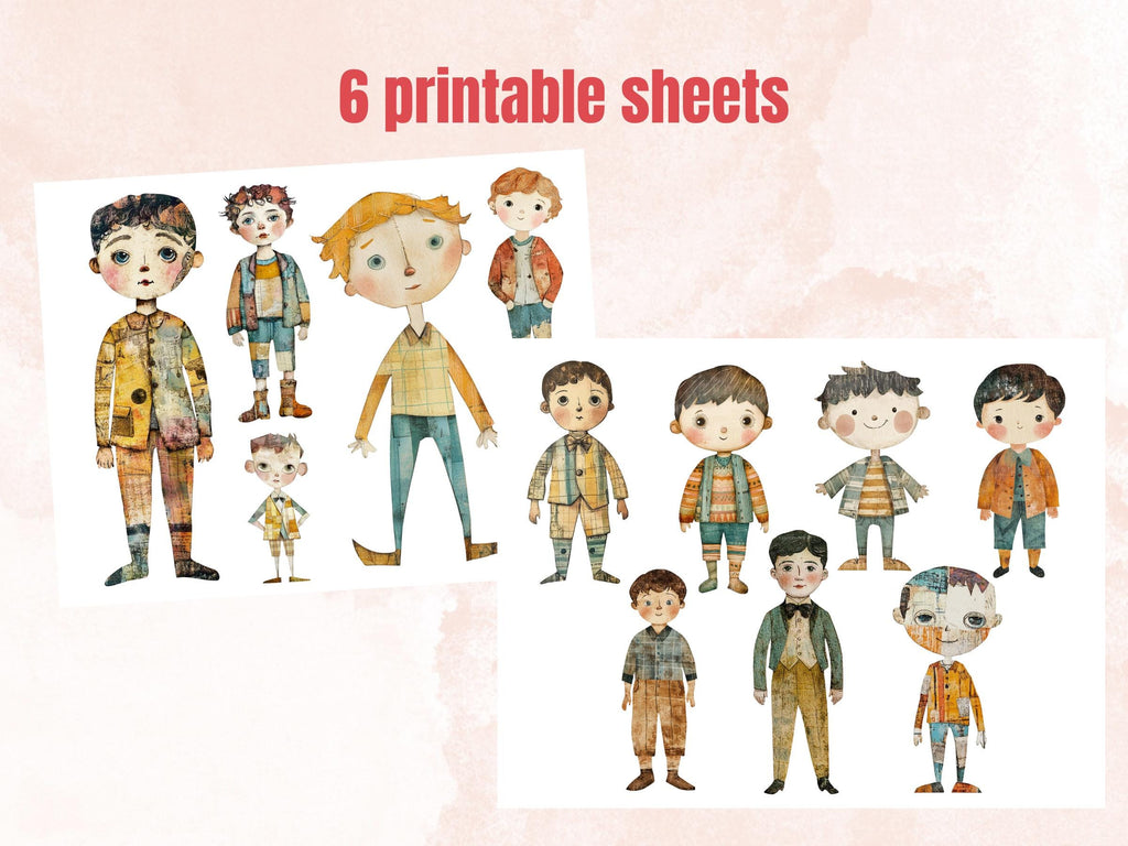 Pastel Boys Paper Doll Mixed Media Clipart, Whimsical Cute Boy Fussy Cut Collage Sheet, Quirky Cut Out Ephemera, PNG + JPG for Scrapbooking
