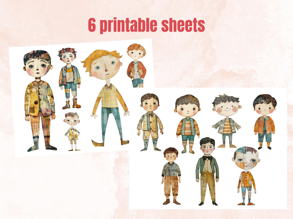 Pastel Boys Paper Doll Mixed Media Clipart, Whimsical Cute Boy Fussy Cut Collage Sheet, Quirky Cut Out Ephemera, PNG + JPG for Scrapbooking