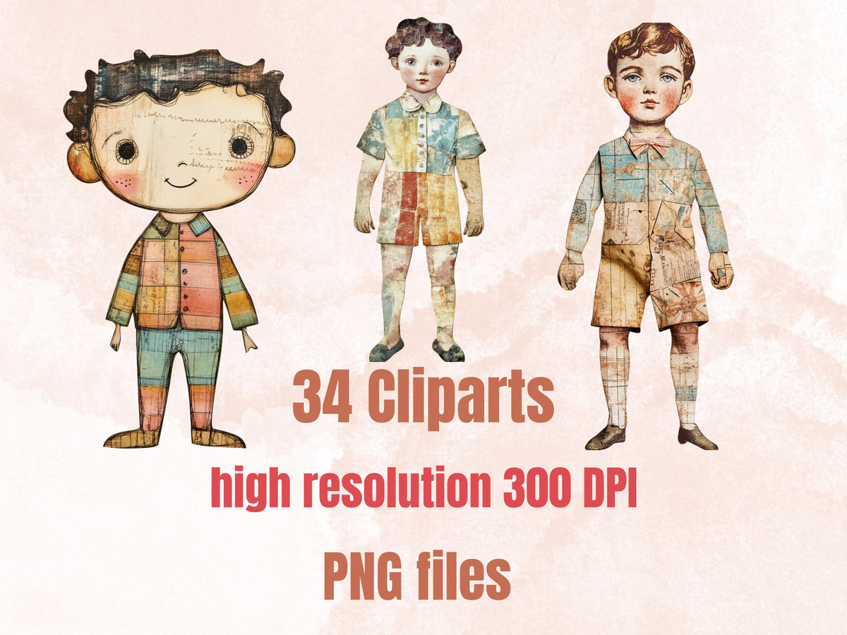 Pastel Boys Paper Doll Mixed Media Clipart, Whimsical Cute Boy Fussy Cut Collage Sheet, Quirky Cut Out Ephemera, PNG + JPG for Scrapbooking