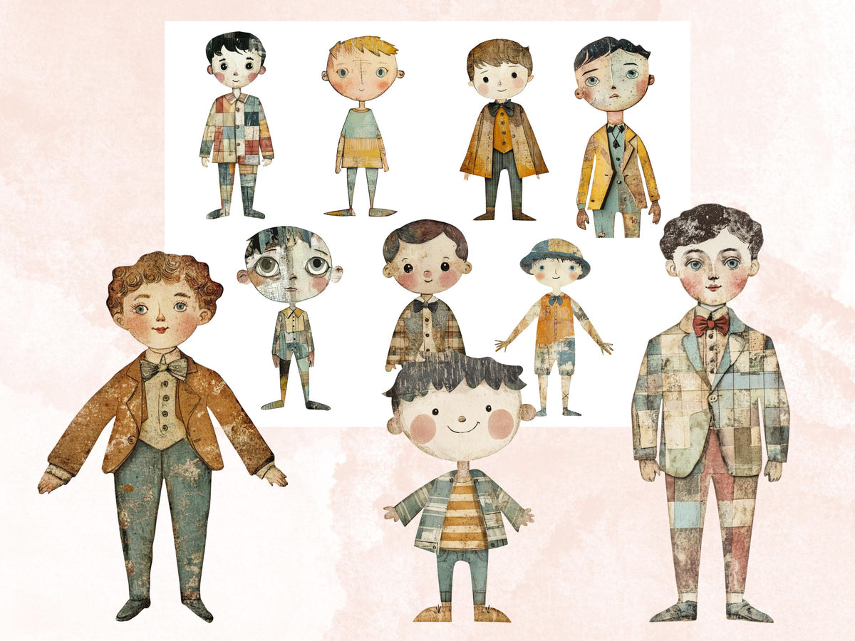 Pastel Boys Paper Doll Mixed Media Clipart, Whimsical Cute Boy Fussy Cut Collage Sheet, Quirky Cut Out Ephemera, PNG + JPG for Scrapbooking
