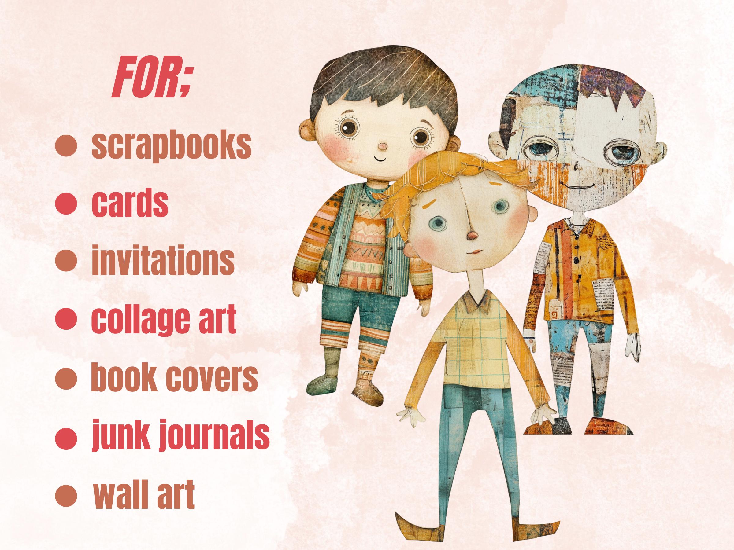 Pastel Boys Paper Doll Mixed Media Clipart, Whimsical Cute Boy Fussy Cut Collage Sheet, Quirky Cut Out Ephemera, PNG + JPG for Scrapbooking