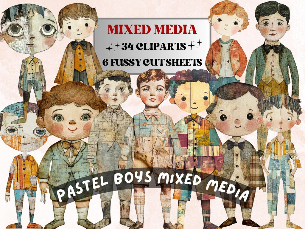 Pastel Boys Paper Doll Mixed Media Clipart, Whimsical Cute Boy Fussy Cut Collage Sheet, Quirky Cut Out Ephemera, PNG + JPG for Scrapbooking