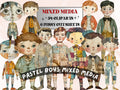 Pastel Boys Paper Doll Mixed Media Clipart, Whimsical Cute Boy Fussy Cut Collage Sheet, Quirky Cut Out Ephemera, PNG + JPG for Scrapbooking