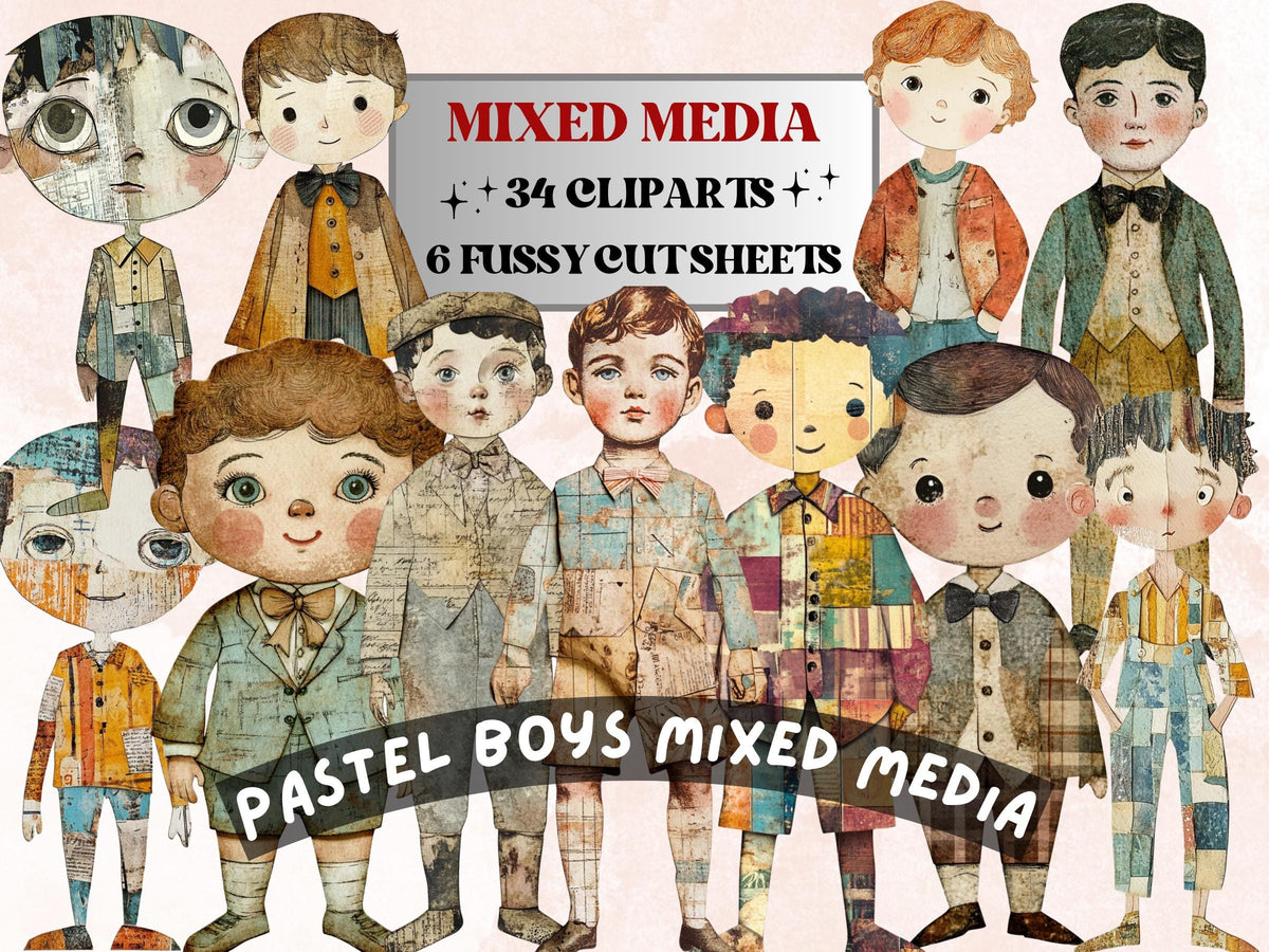 Pastel Boys Paper Doll Mixed Media Clipart, Whimsical Cute Boy Fussy Cut Collage Sheet, Quirky Cut Out Ephemera, PNG + JPG for Scrapbooking