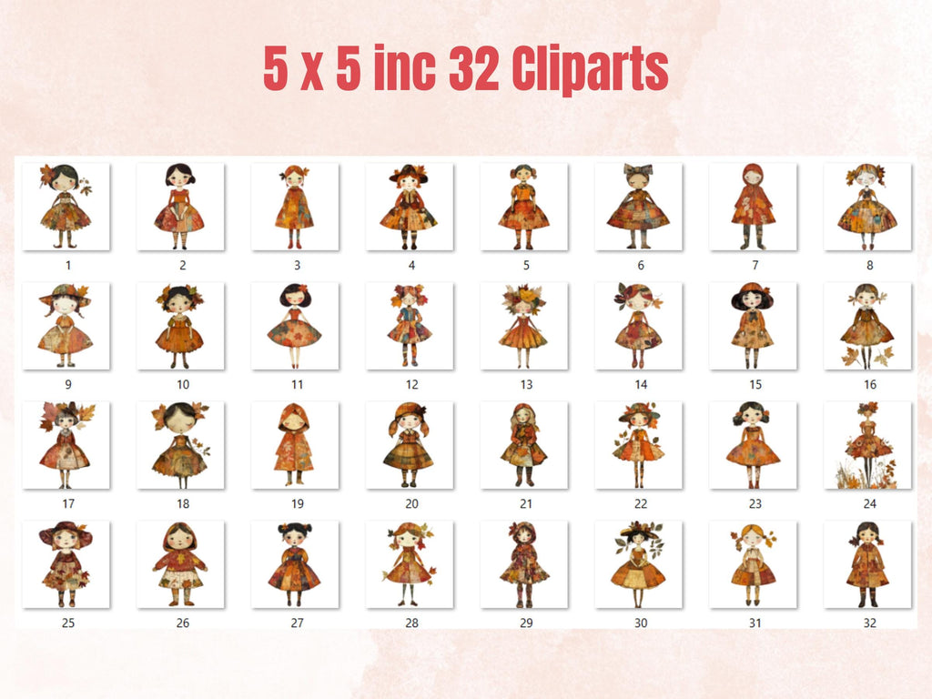 Autumn Paper Doll Mixed Media Clipart, Whimsy Fall Girl Fussy Cut Collage Sheet, Quirky Fall Cut Out Ephemera, PNG + JPG for Scrapbooking