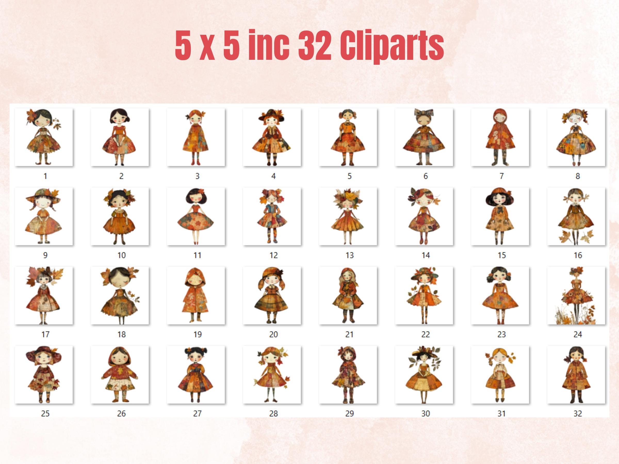 Autumn Paper Doll Mixed Media Clipart, Whimsy Fall Girl Fussy Cut Collage Sheet, Quirky Fall Cut Out Ephemera, PNG + JPG for Scrapbooking