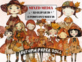 Autumn Paper Doll Mixed Media Clipart, Whimsy Fall Girl Fussy Cut Collage Sheet, Quirky Fall Cut Out Ephemera, PNG + JPG for Scrapbooking
