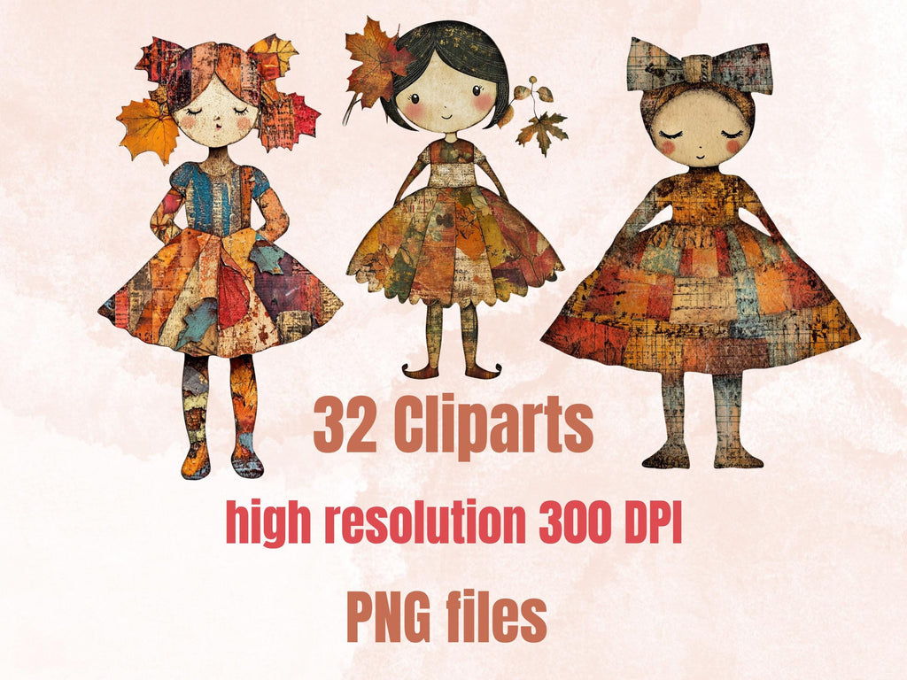 Autumn Paper Doll Mixed Media Clipart, Whimsy Fall Girl Fussy Cut Collage Sheet, Quirky Fall Cut Out Ephemera, PNG + JPG for Scrapbooking