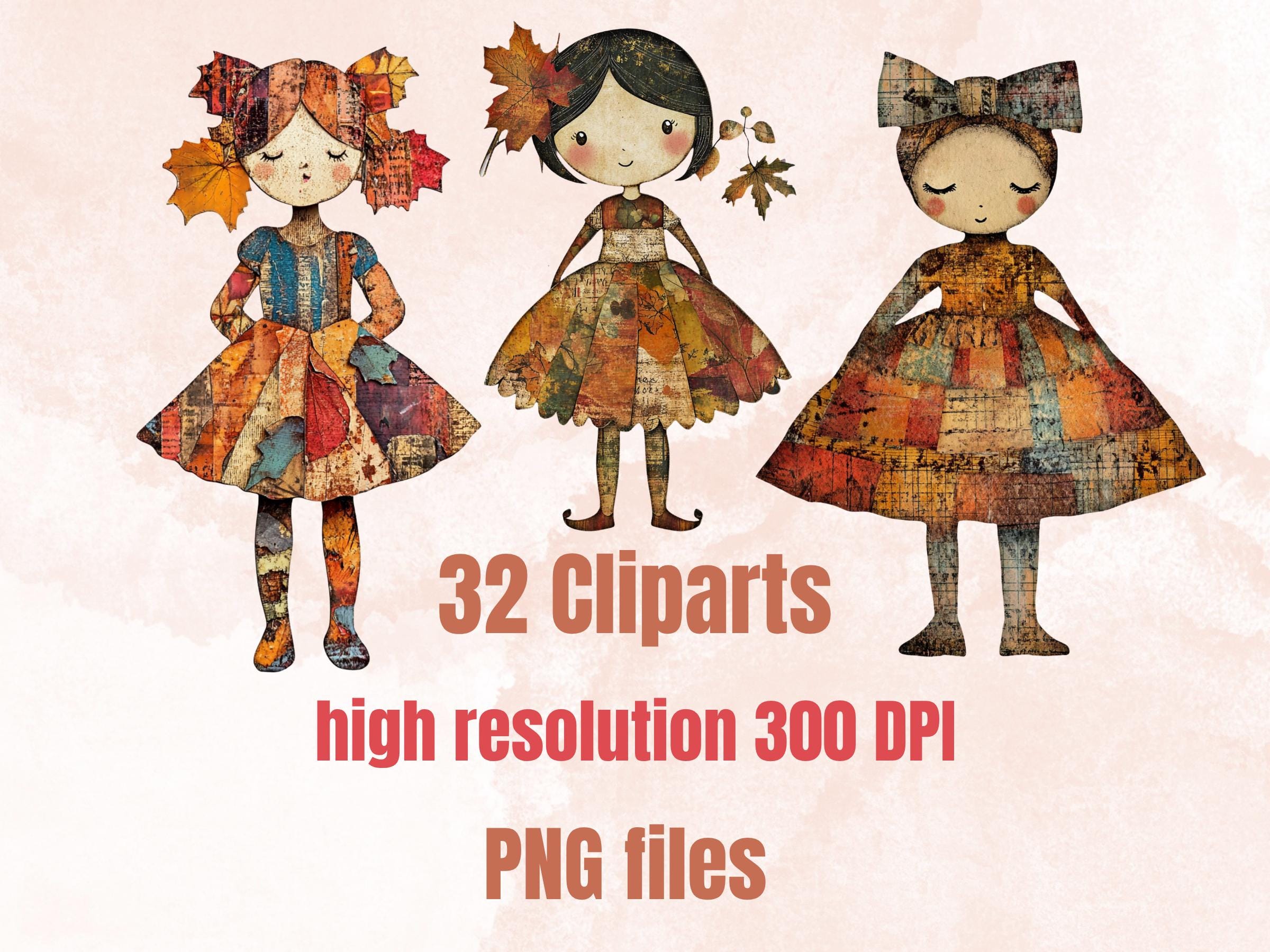 Autumn Paper Doll Mixed Media Clipart, Whimsy Fall Girl Fussy Cut Collage Sheet, Quirky Fall Cut Out Ephemera, PNG + JPG for Scrapbooking