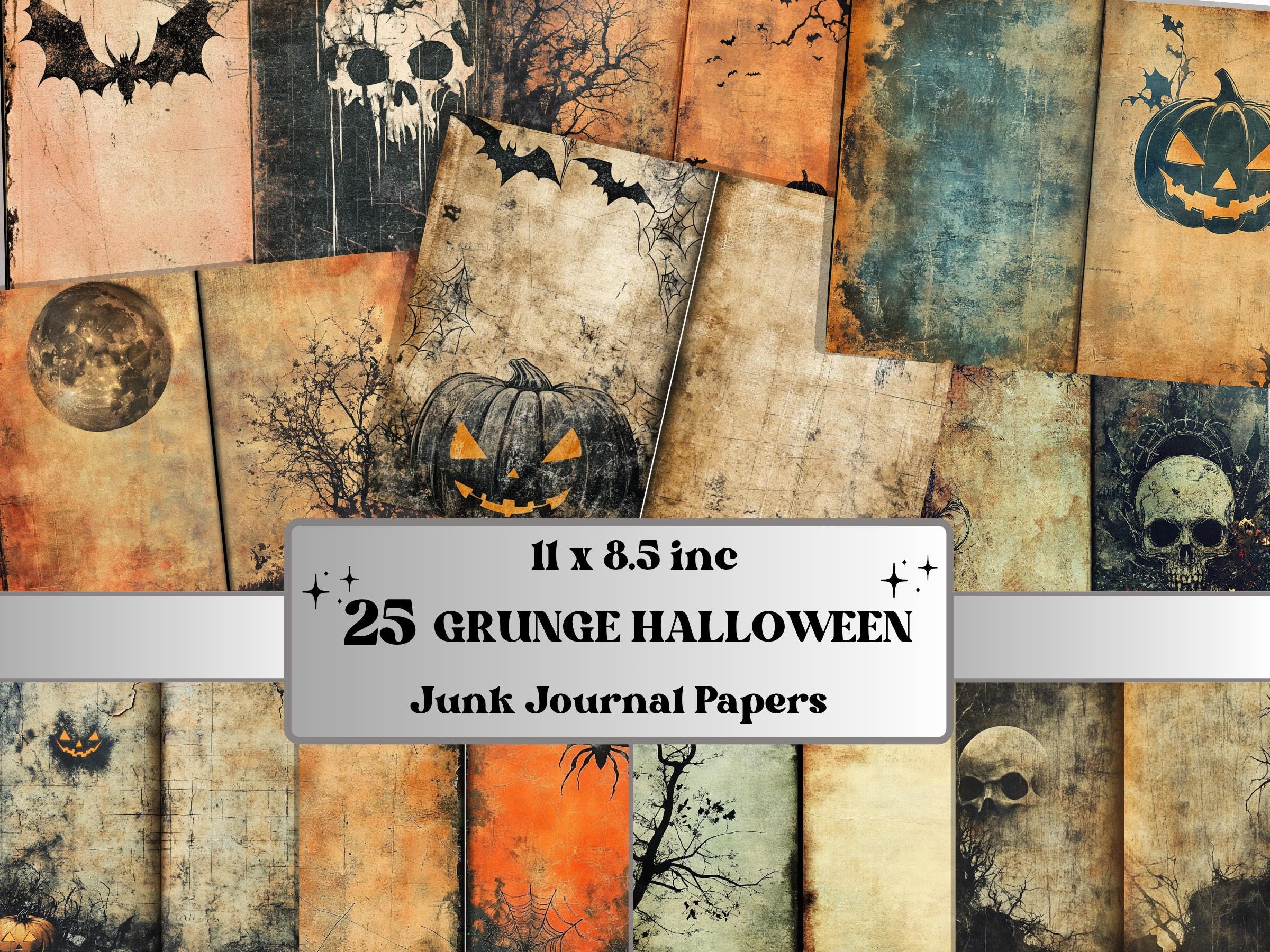 Grunge Halloween Mixed Media Paper, Grunge Textures Pages Ephemera Kit, Halloween Horror Collage Scrapbook Paper, Printable Horizontal Pages