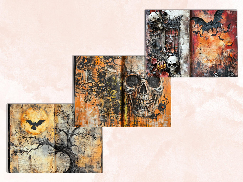 Halloween Mixed Media Paper, Spooky Textures Pages Ephemera Kit, Creepy Halloween Collage Scrapbook Paper, Printable Horror Double Pages