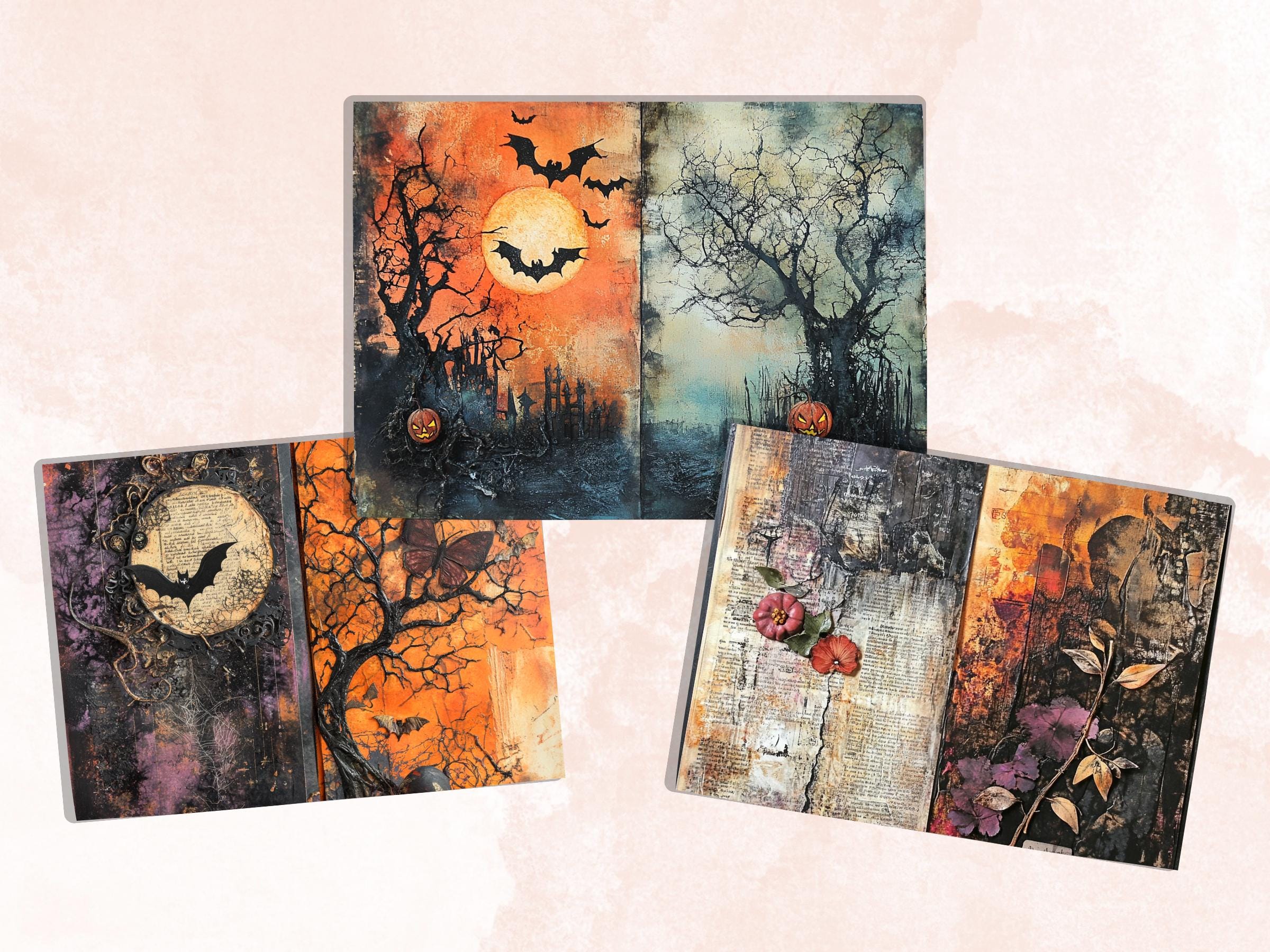 Halloween Mixed Media Paper, Spooky Textures Pages Ephemera Kit, Creepy Halloween Collage Scrapbook Paper, Printable Horror Double Pages