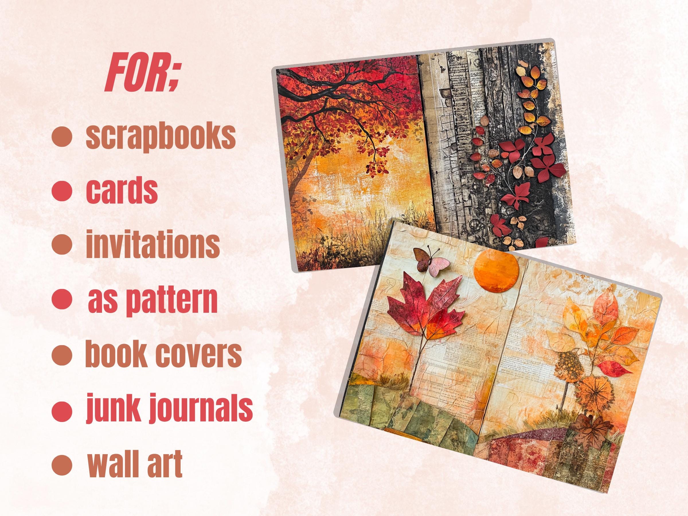 Fall Mixed Media Paper, Autumn Craft Pages Ephemera Kit, Whimsical Fall Textures Collage Scrapbook Paper, Printable Autumn Horizontal Pages