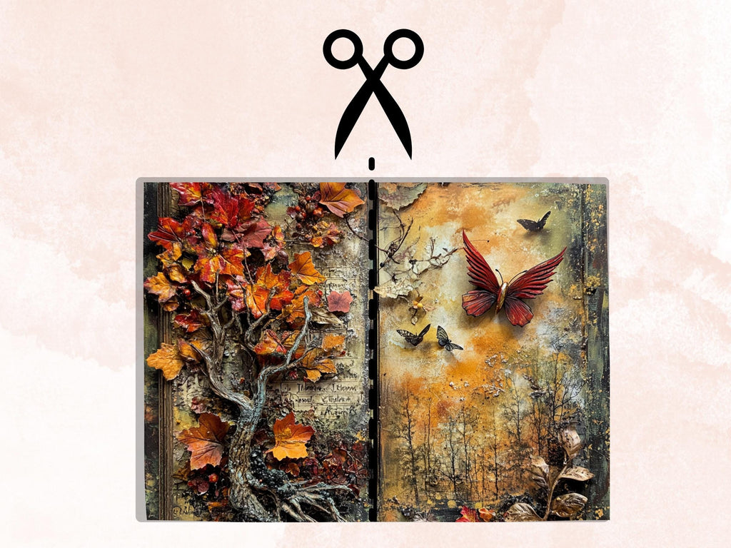 Fall Mixed Media Paper, Autumn Craft Pages Ephemera Kit, Whimsical Fall Textures Collage Scrapbook Paper, Printable Autumn Horizontal Pages