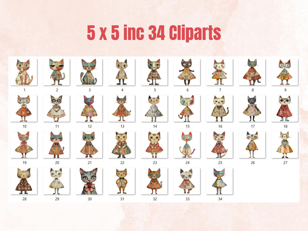 Whimsical Cat Mixed Media Clipart, Whimsy Cats Fussy Cut Collage Sheet, Quirky Cut Out Ephemera, PNG + JPG for Scrapbooking, Junk Journal