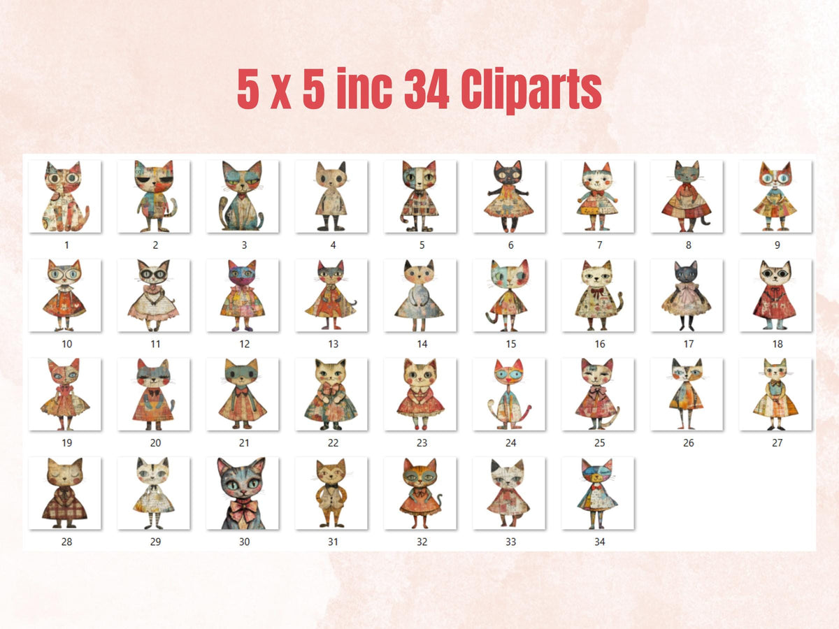 Whimsical Cat Mixed Media Clipart, Whimsy Cats Fussy Cut Collage Sheet, Quirky Cut Out Ephemera, PNG + JPG for Scrapbooking, Junk Journal
