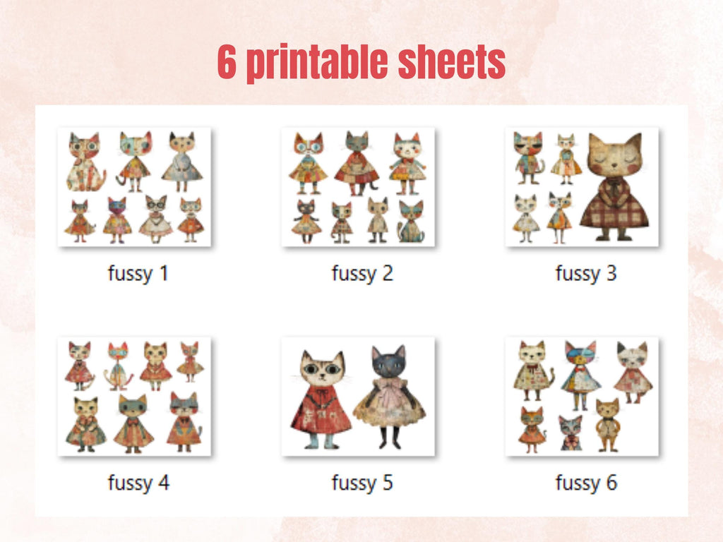Whimsical Cat Mixed Media Clipart, Whimsy Cats Fussy Cut Collage Sheet, Quirky Cut Out Ephemera, PNG + JPG for Scrapbooking, Junk Journal