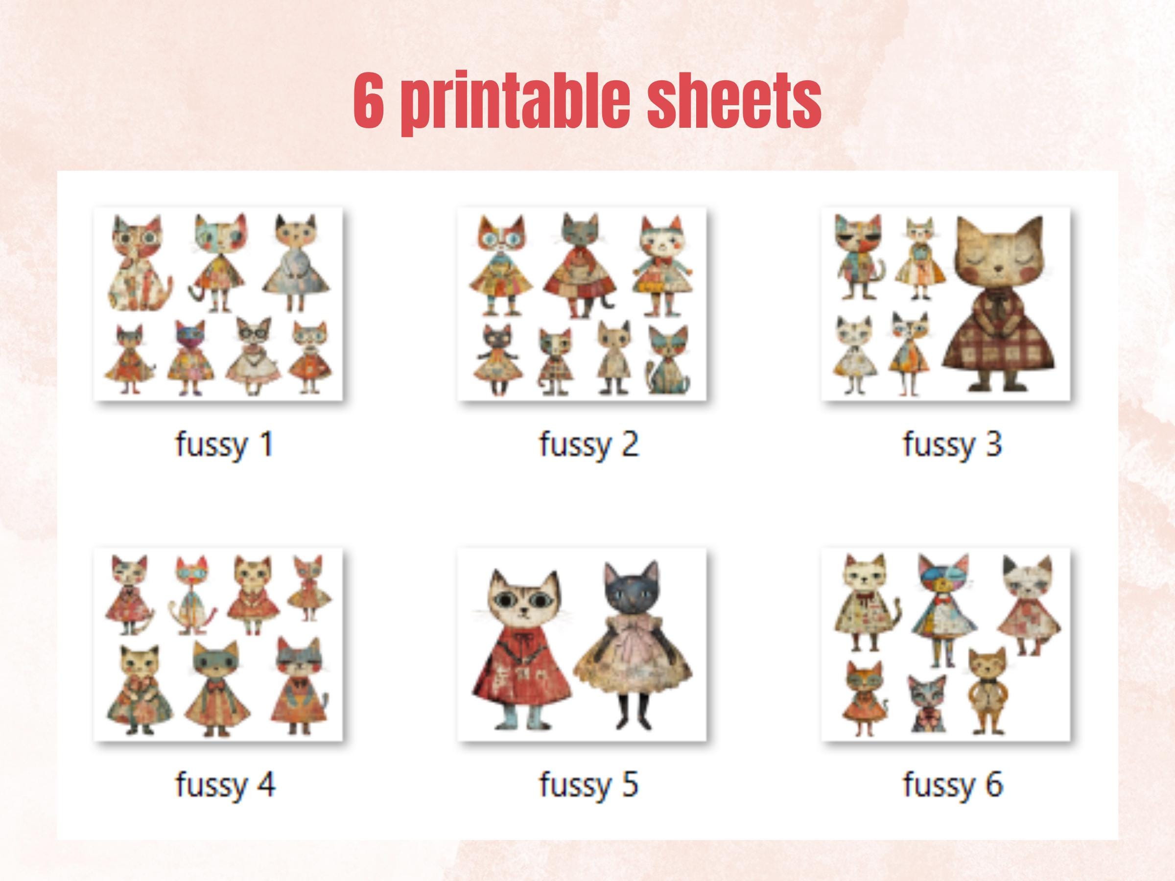 Whimsical Cat Mixed Media Clipart, Whimsy Cats Fussy Cut Collage Sheet, Quirky Cut Out Ephemera, PNG + JPG for Scrapbooking, Junk Journal