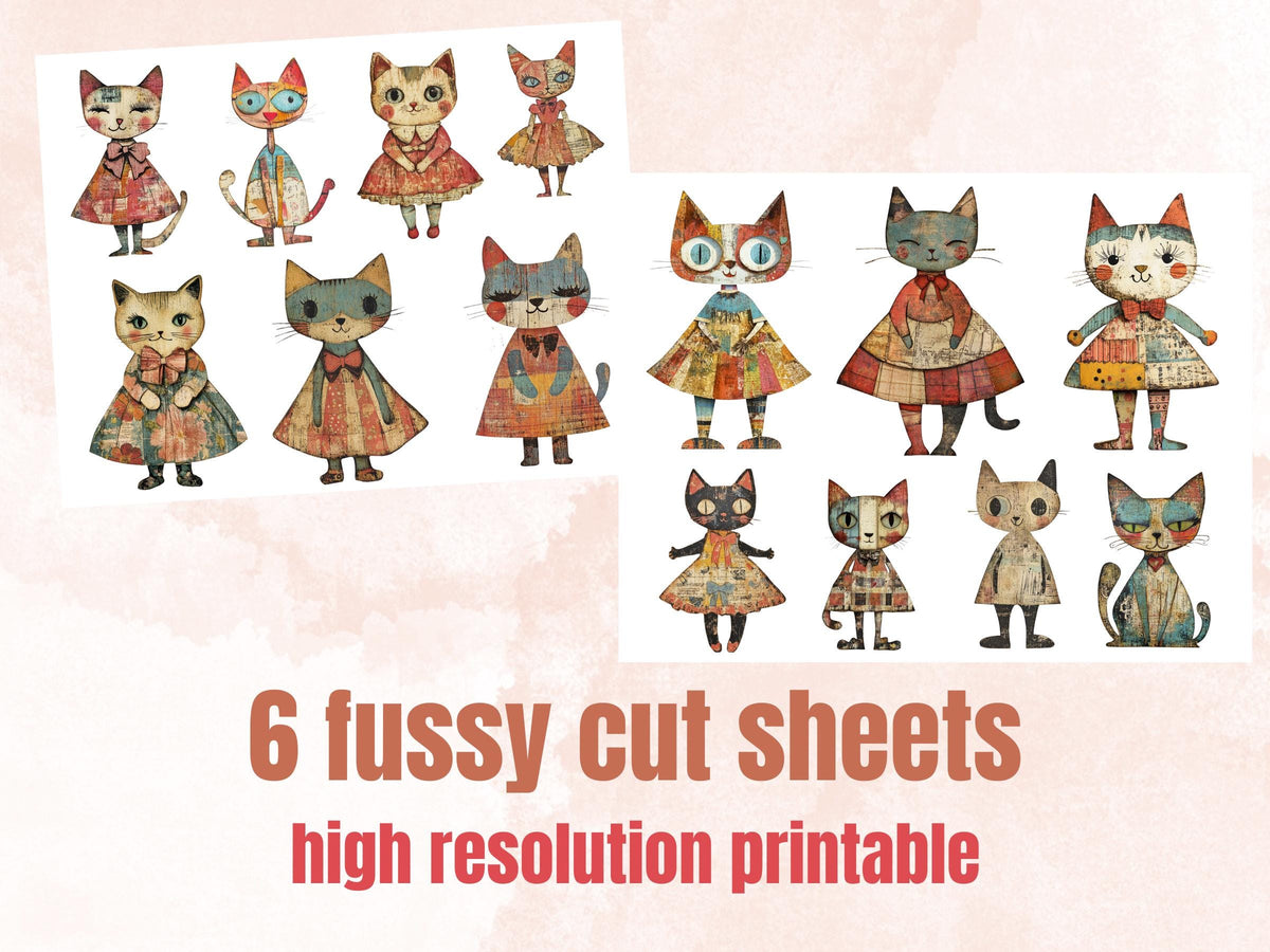 Whimsical Cat Mixed Media Clipart, Whimsy Cats Fussy Cut Collage Sheet, Quirky Cut Out Ephemera, PNG + JPG for Scrapbooking, Junk Journal