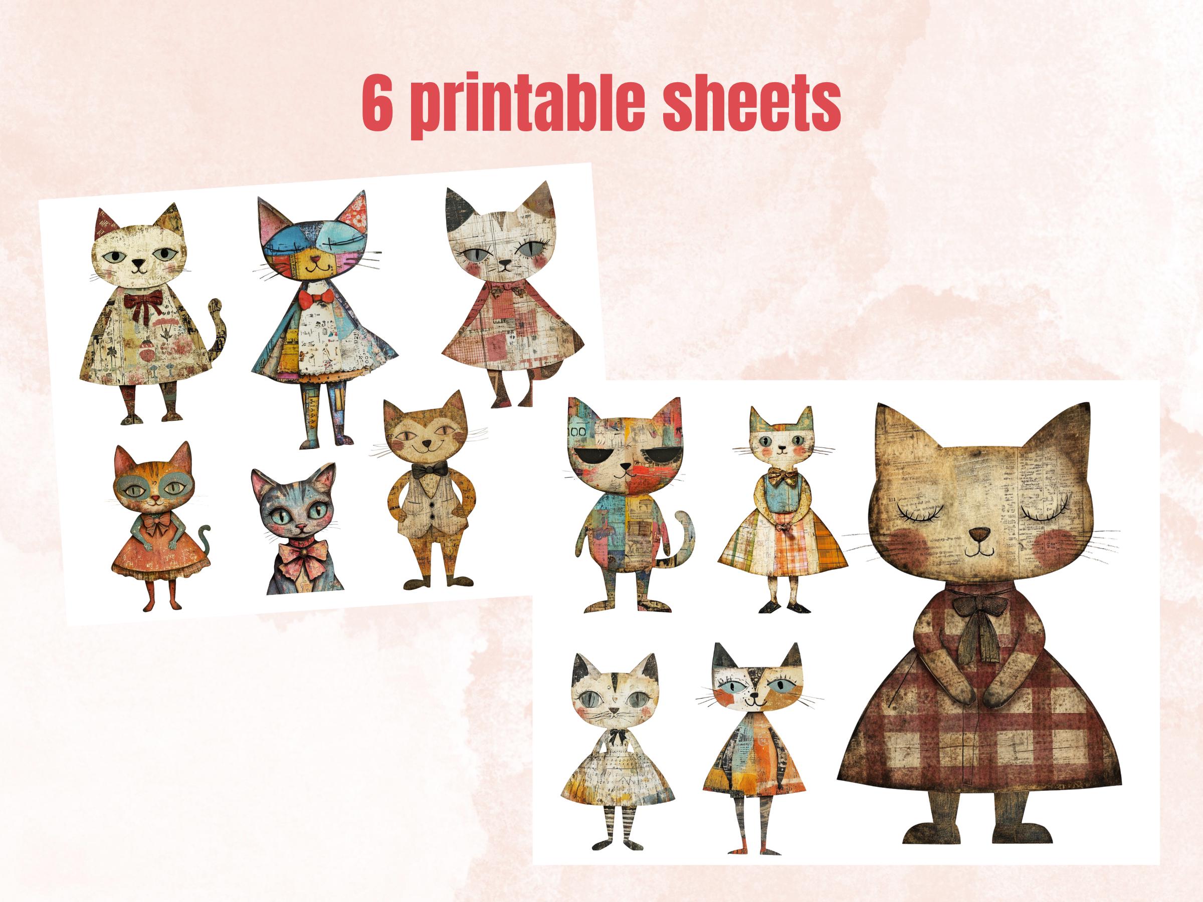 Whimsical Cat Mixed Media Clipart, Whimsy Cats Fussy Cut Collage Sheet, Quirky Cut Out Ephemera, PNG + JPG for Scrapbooking, Junk Journal