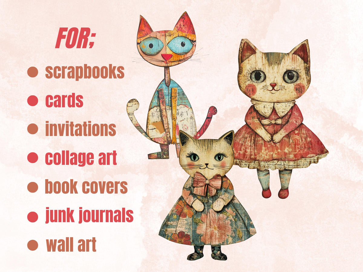 Whimsical Cat Mixed Media Clipart, Whimsy Cats Fussy Cut Collage Sheet, Quirky Cut Out Ephemera, PNG + JPG for Scrapbooking, Junk Journal