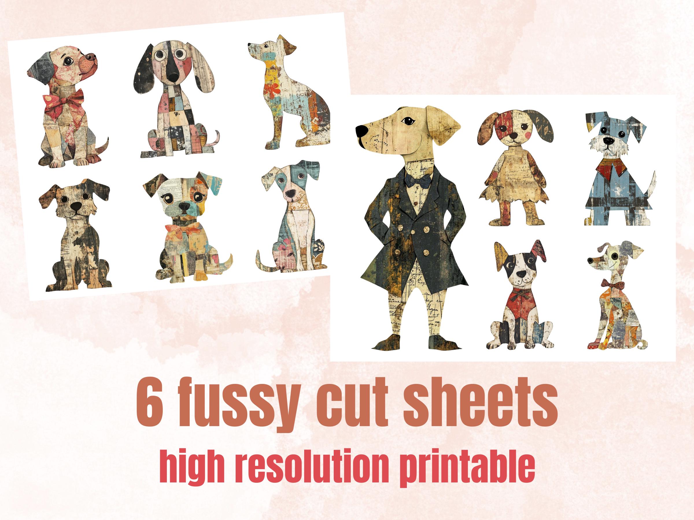 Whimsical Dog Mixed Media Clipart, Whimsy Dogs Fussy Cut Collage Sheet, Quirky Cut Out Ephemera, Grunge Texture for Scrapbook, Junk Journal