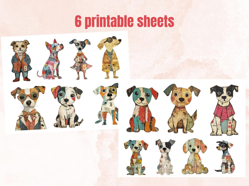 Whimsical Dog Mixed Media Clipart, Whimsy Dogs Fussy Cut Collage Sheet, Quirky Cut Out Ephemera, Grunge Texture for Scrapbook, Junk Journal
