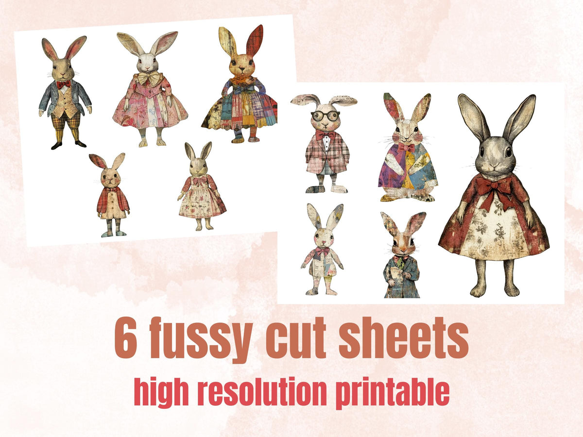 Whimsical Rabbit Mixed Media Clipart, Fairytale Bunny Fussy Cut Collage Sheet, Quirky Cut Out Ephemera, Grunge Texture Scrapbook, Journal