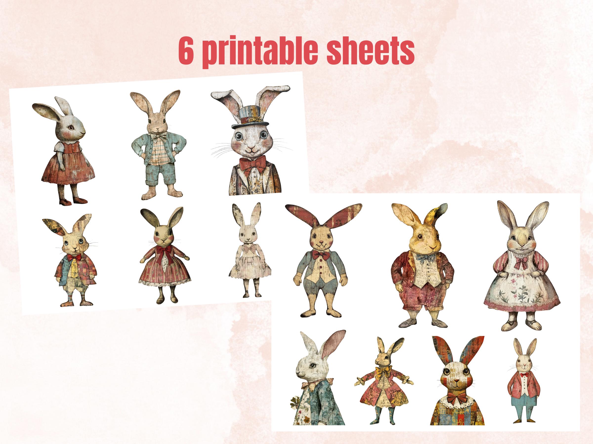 Whimsical Rabbit Mixed Media Clipart, Fairytale Bunny Fussy Cut Collage Sheet, Quirky Cut Out Ephemera, Grunge Texture Scrapbook, Journal