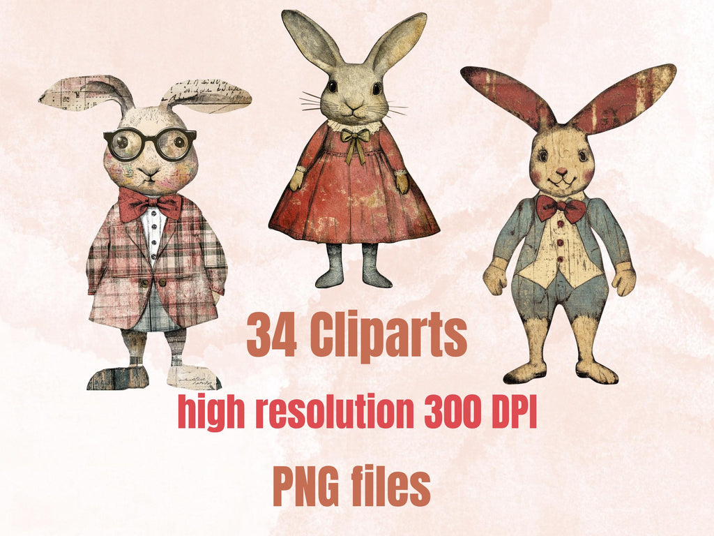 Whimsical Rabbit Mixed Media Clipart, Fairytale Bunny Fussy Cut Collage Sheet, Quirky Cut Out Ephemera, Grunge Texture Scrapbook, Journal
