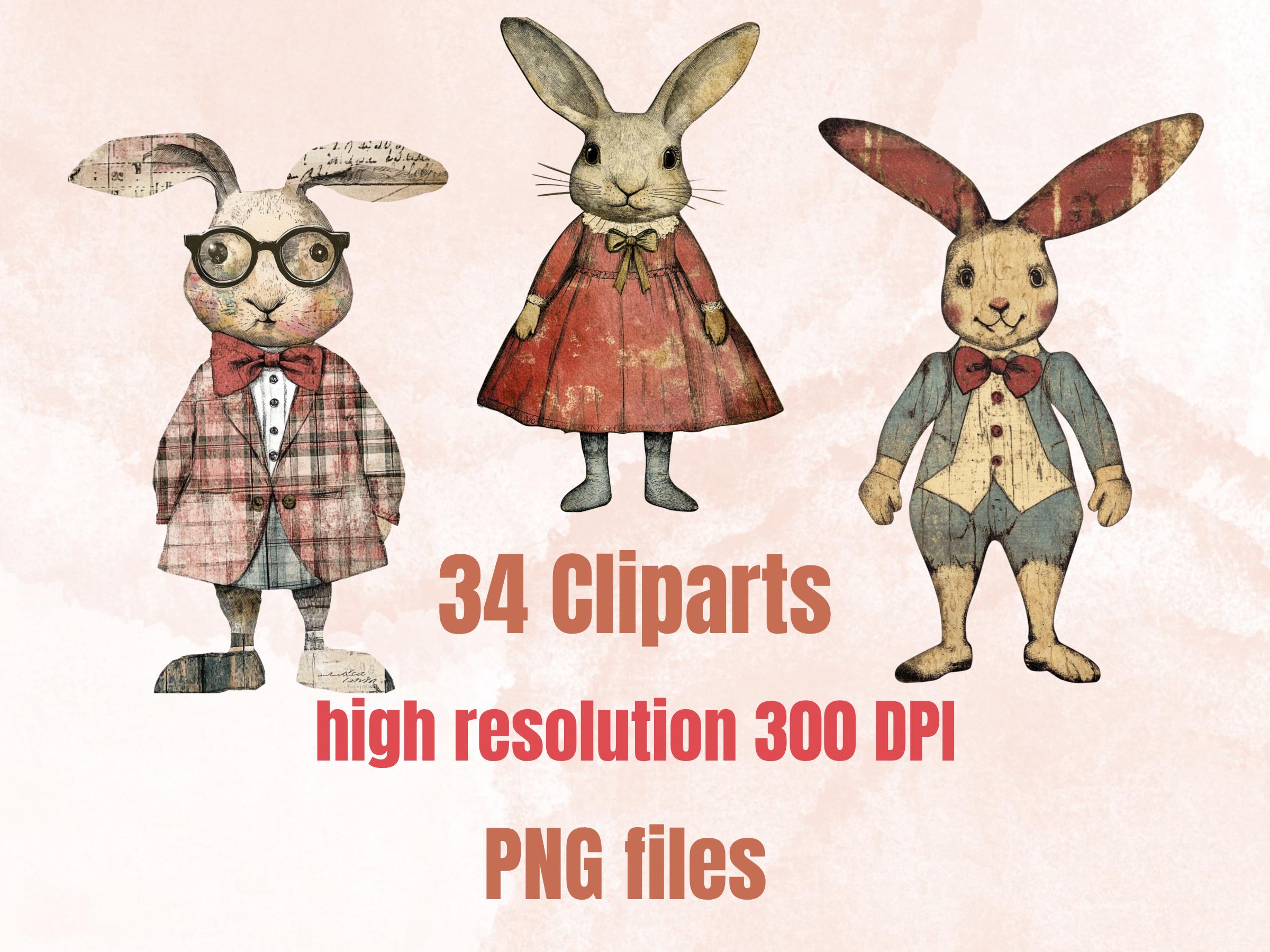 Whimsical Rabbit Mixed Media Clipart, Fairytale Bunny Fussy Cut Collage Sheet, Quirky Cut Out Ephemera, Grunge Texture Scrapbook, Journal