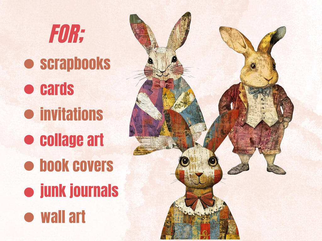 Whimsical Rabbit Mixed Media Clipart, Fairytale Bunny Fussy Cut Collage Sheet, Quirky Cut Out Ephemera, Grunge Texture Scrapbook, Journal