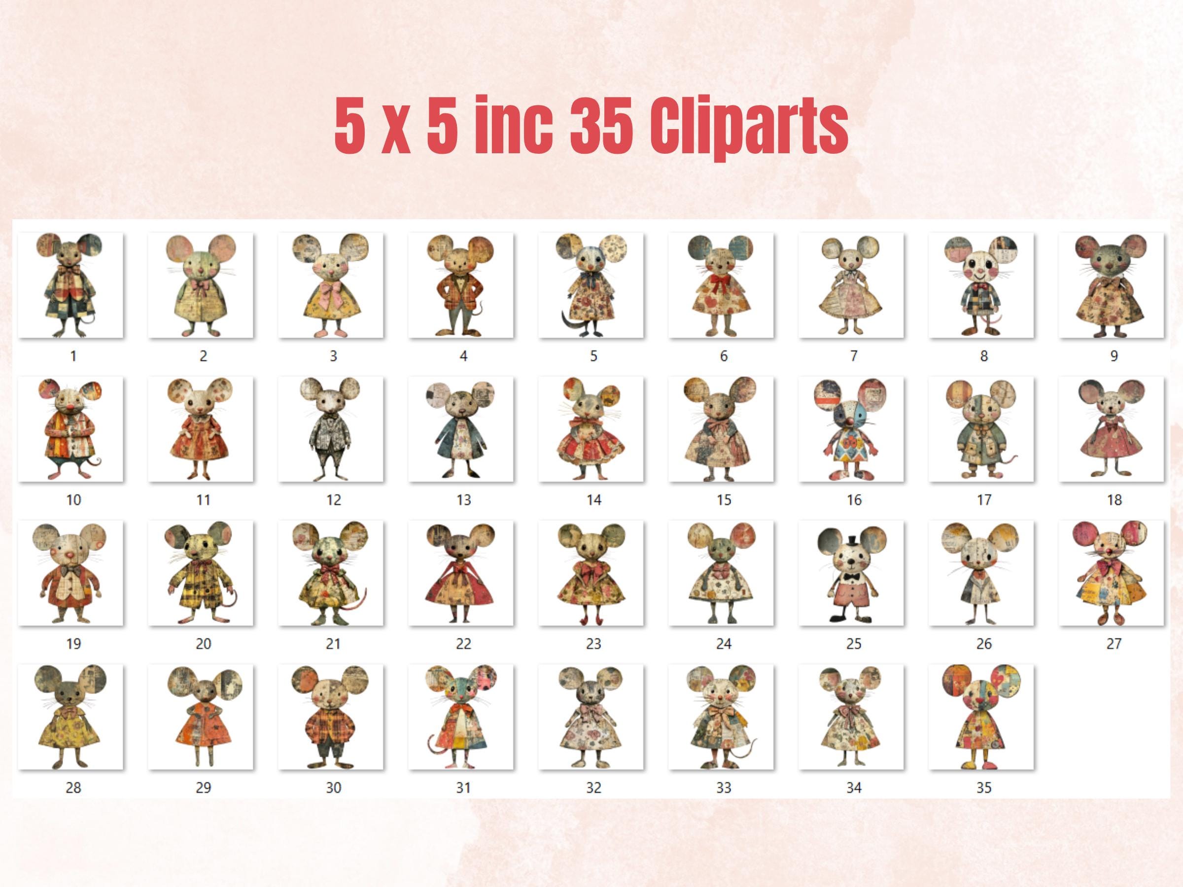 Whimsical Mouse Mixed Media Clipart, Whimsy Mice Fussy Cut Collage Sheet, Quirky Cut Out Ephemera, PNG + JPG for Scrapbooking, Junk Journal