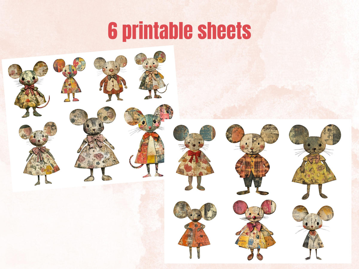 Whimsical Mouse Mixed Media Clipart, Whimsy Mice Fussy Cut Collage Sheet, Quirky Cut Out Ephemera, PNG + JPG for Scrapbooking, Junk Journal