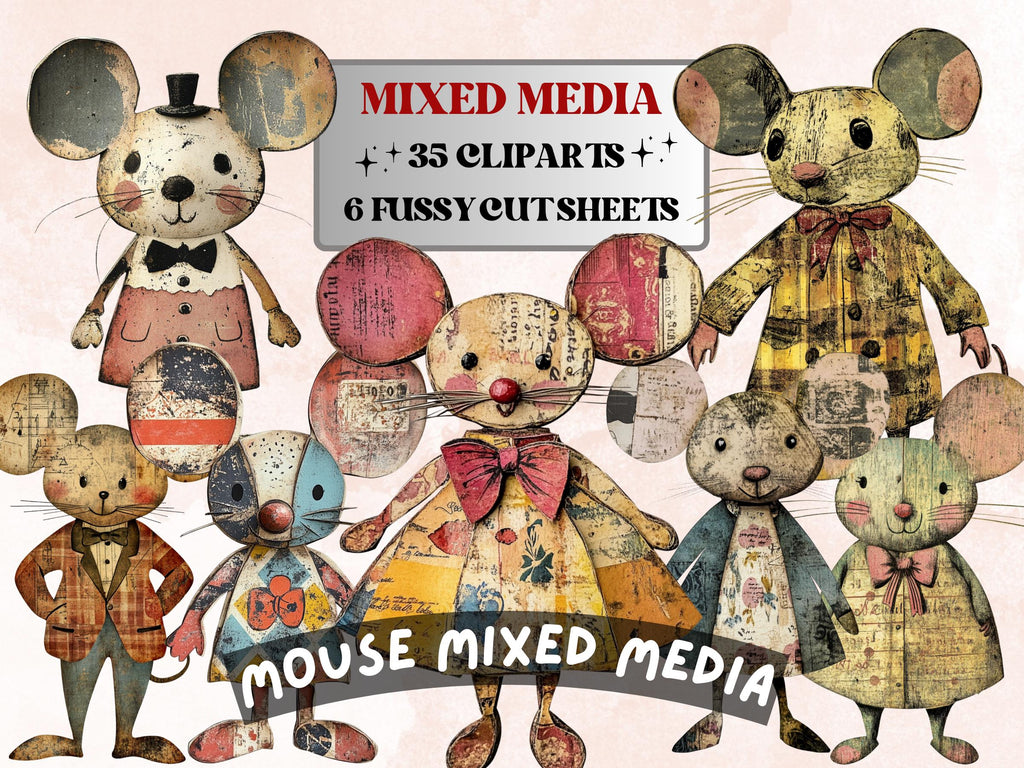 Whimsical Mouse Mixed Media Clipart, Whimsy Mice Fussy Cut Collage Sheet, Quirky Cut Out Ephemera, PNG + JPG for Scrapbooking, Junk Journal