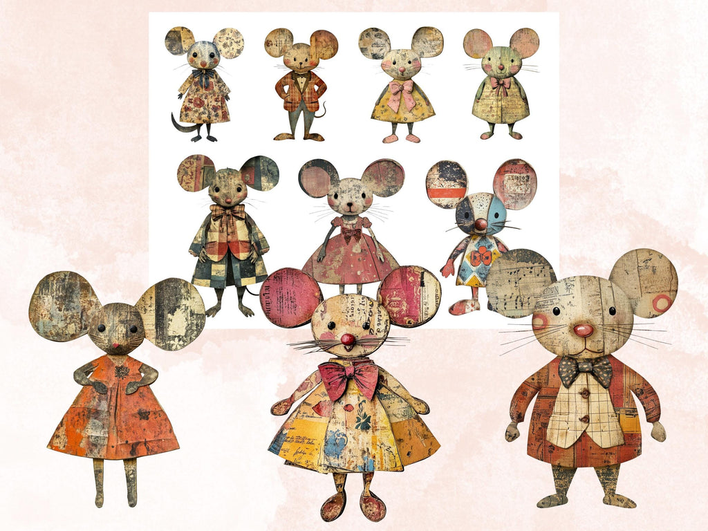 Whimsical Mouse Mixed Media Clipart, Whimsy Mice Fussy Cut Collage Sheet, Quirky Cut Out Ephemera, PNG + JPG for Scrapbooking, Junk Journal
