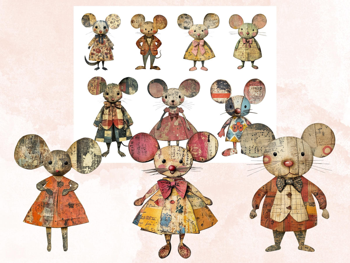 Whimsical Mouse Mixed Media Clipart, Whimsy Mice Fussy Cut Collage Sheet, Quirky Cut Out Ephemera, PNG + JPG for Scrapbooking, Junk Journal