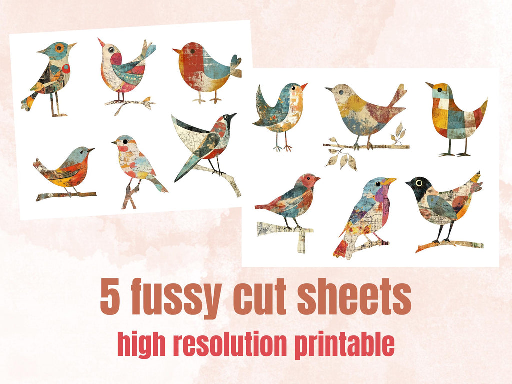 Whimsical Bird Mixed Media Clipart, Whimsy Bird Fussy Cut Collage Sheet, Quirky Cut Out Ephemera, Grunge Texture for Scrapbook, Junk Journal